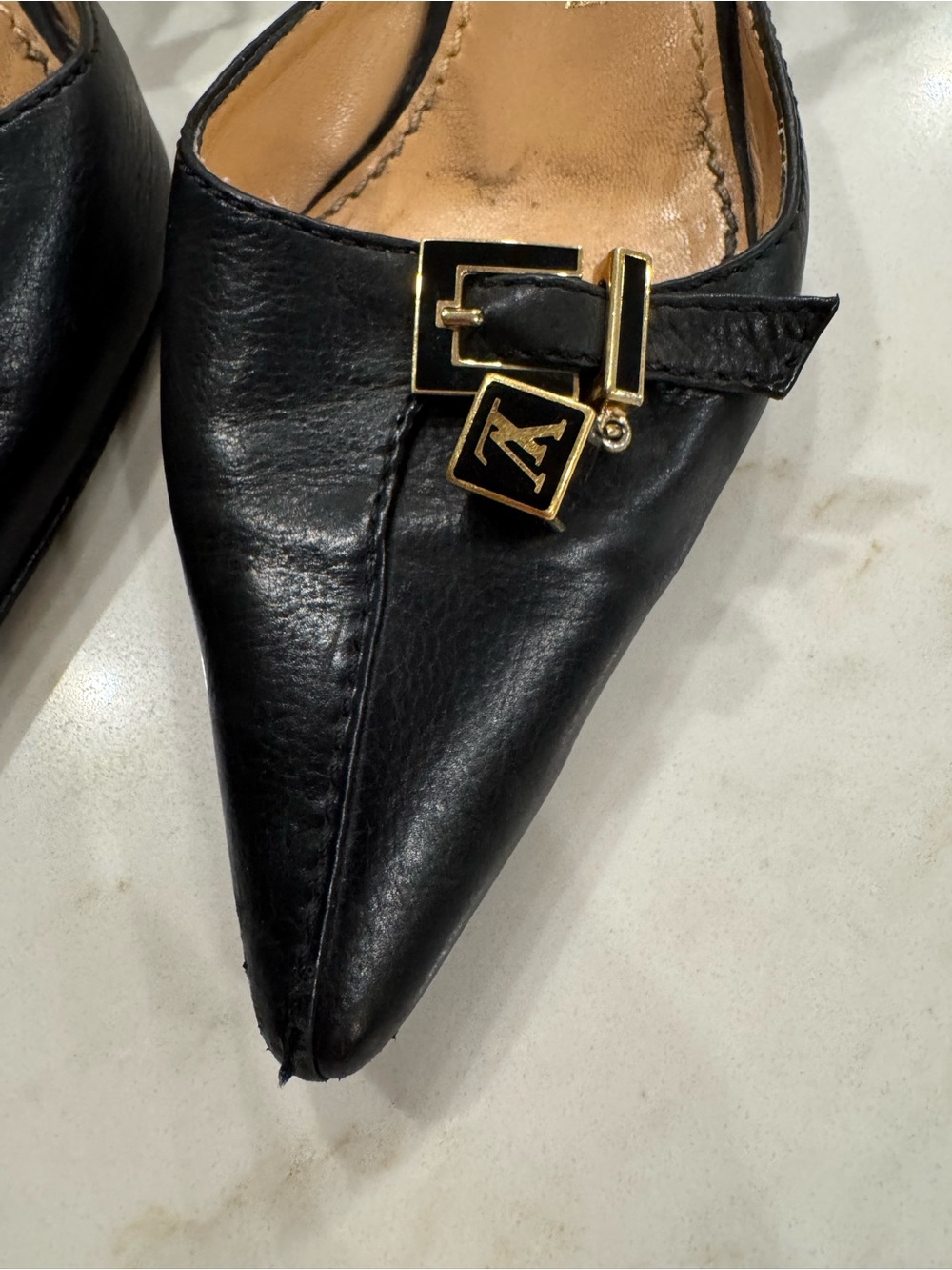 Vintage Louis Vuitton Black Pointed Leather Flats with Gold LV Charm